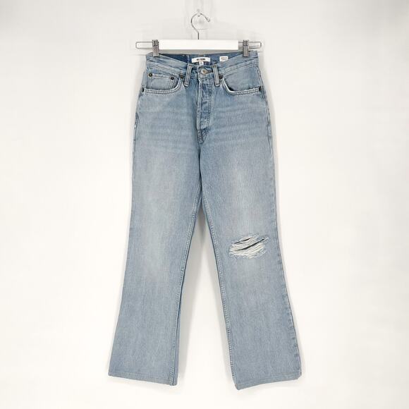 RE/DONE 70s Bootcut Jeans Light Worn 7 Distressed Knee Light Wash Cotton Size 25 - Picture 2 of 7